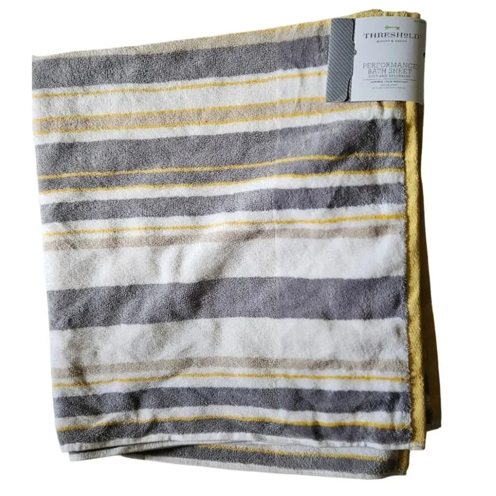 NWT Threshold Performance Striped Yellow Gray Bath Sheet 33 x 63 Oeko-Tex
